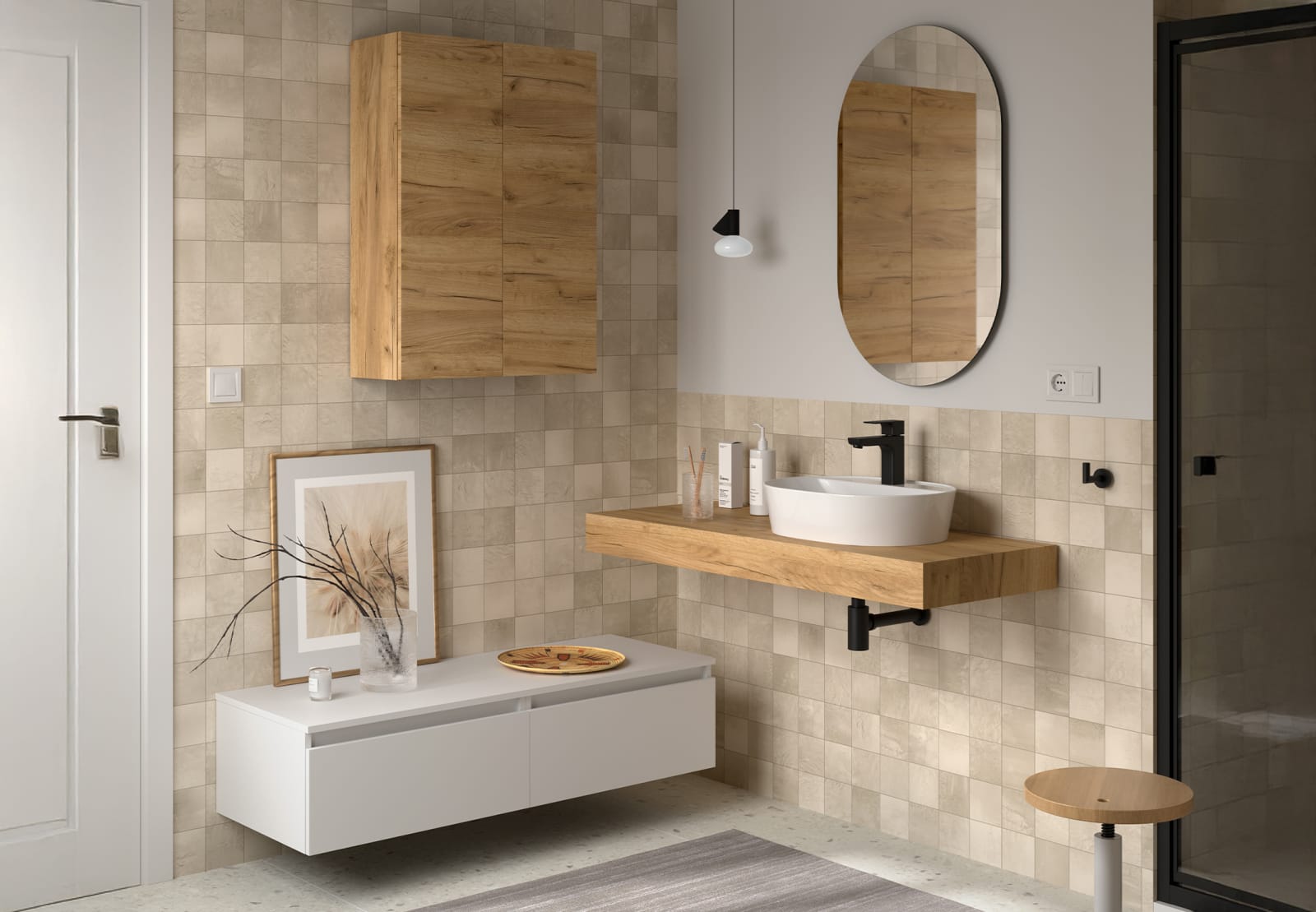 Conjunto mueble de baño con encimera roble y cajonera blanca Salgar Domus Principal 0