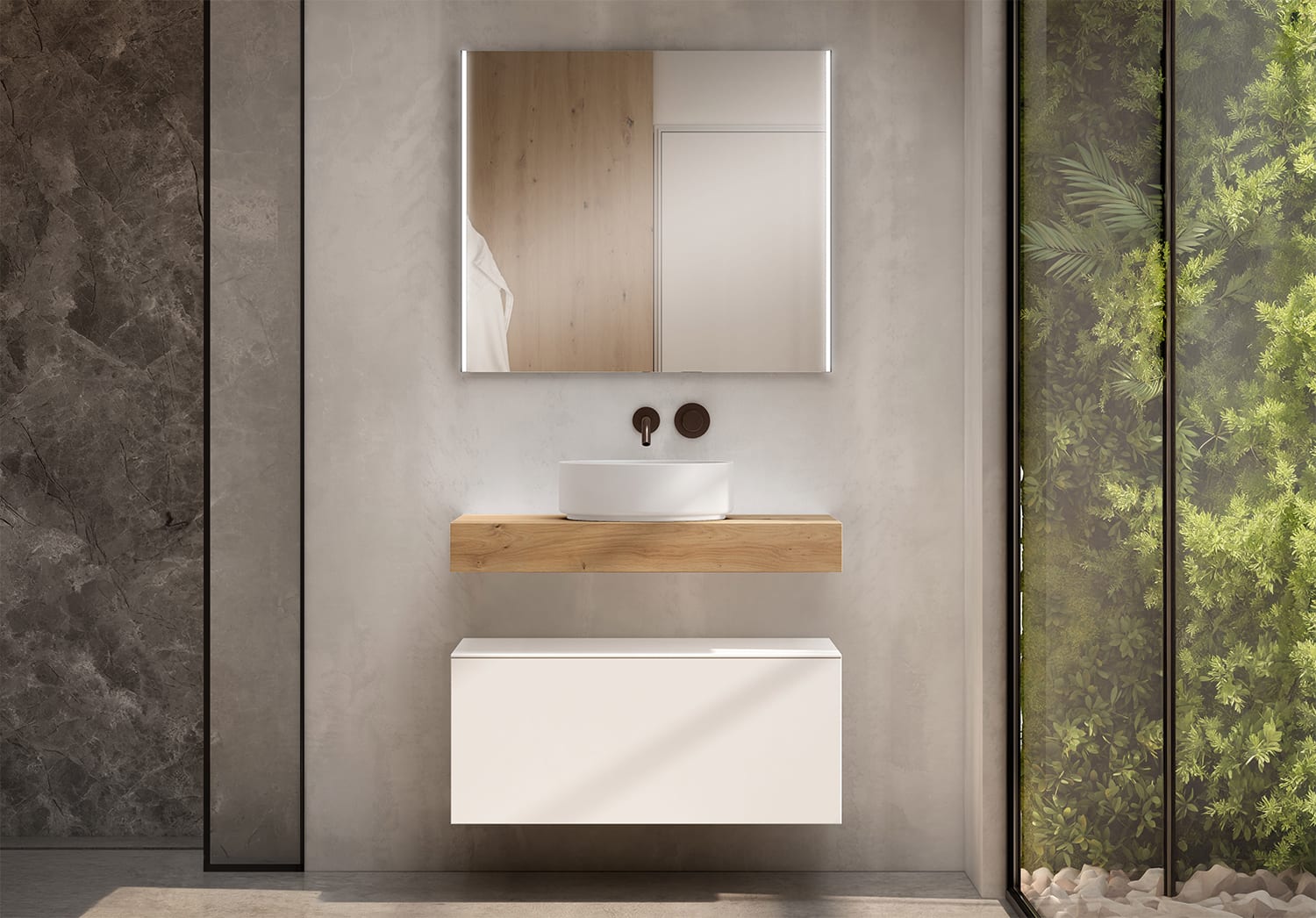 Mueble de baño con encimera de madera 10 cm de altura en color Roble Costa con cajonera Visobath Nomad Principal 0