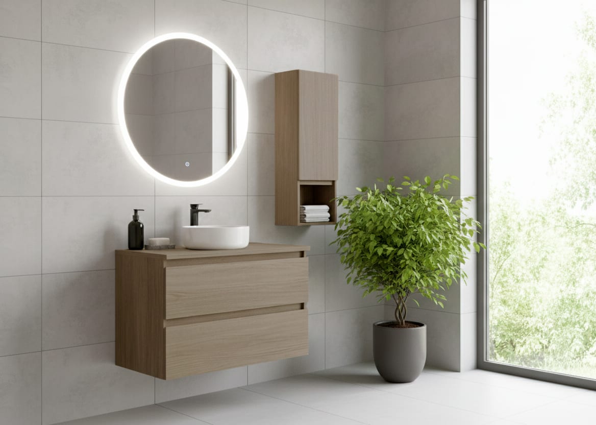 Mueble de baño color madera laminada con encimera de madera Bruntec Vilma Principal 0