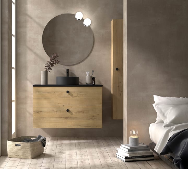 Conjunto mueble de baño con lavabo sobre encimera de microtec Avila Dos Carmen Principal 1