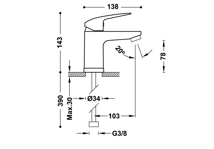 Grifo de lavabo Tres Base Plus Croquis 2