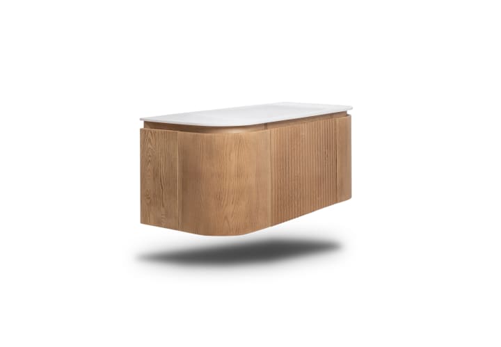 Conjunto de mueble de baño madera varias medidas, maciza de fresno con lavabo Solid Surface Bruntec Evo Curve Detalle 1