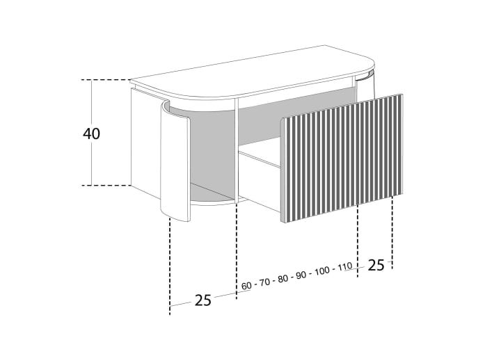 Conjunto de mueble de baño madera varias medidas, maciza de fresno con lavabo Solid Surface Bruntec Evo Curve Croquis 6
