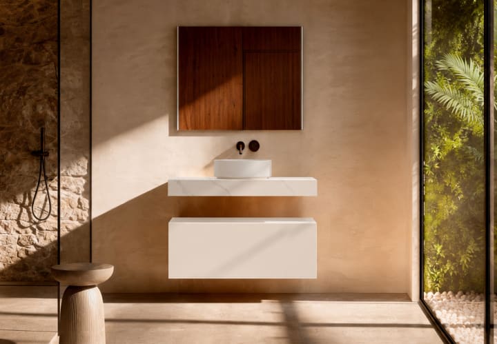 Mueble de baño con encimera HPL resina 10 cm acabado marmoleado Cala con cajonera Visobath Nomad Principal 4