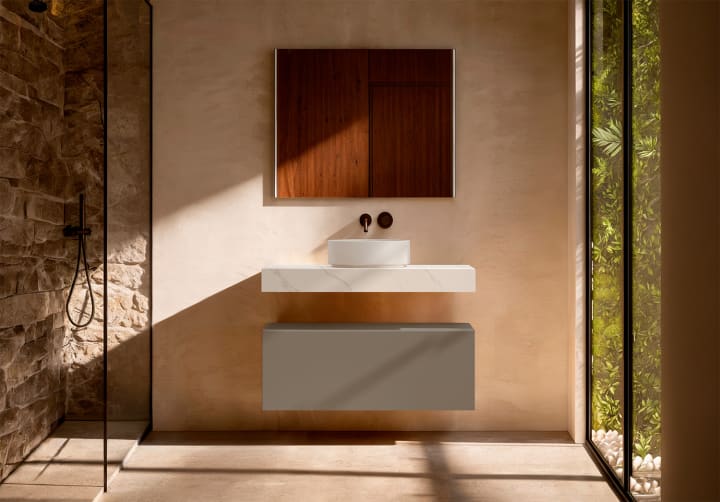 Mueble de baño con encimera HPL resina 10 cm acabado marmoleado Cala con cajonera Visobath Nomad Principal 9
