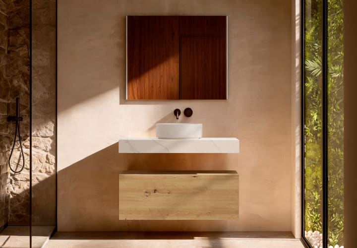 Mueble de baño con encimera HPL resina 10 cm acabado marmoleado Cala con cajonera Visobath Nomad Principal 1