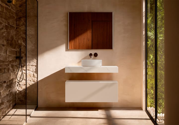 Mueble de baño con encimera HPL resina 10 cm acabado marmoleado Cala con cajonera Visobath Nomad Principal 5