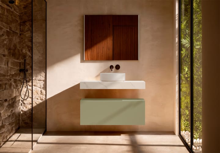 Mueble de baño con encimera HPL resina 10 cm acabado marmoleado Cala con cajonera Visobath Nomad Principal 6