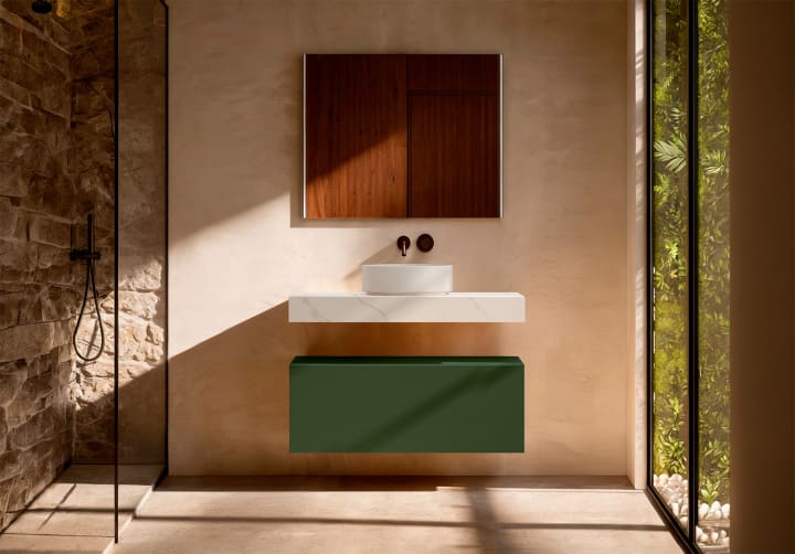 Mueble de baño con encimera HPL resina 10 cm acabado marmoleado Cala con cajonera Visobath Nomad Principal 10