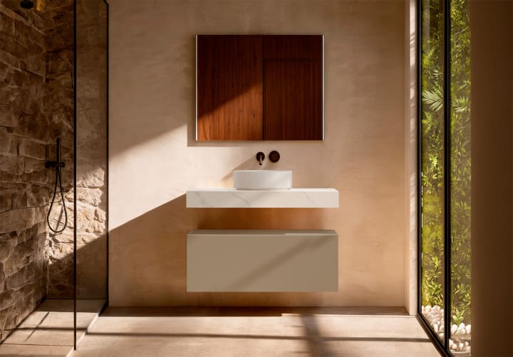 Mueble de baño con encimera HPL resina 10 cm acabado marmoleado Cala con cajonera Visobath Nomad Principal 8