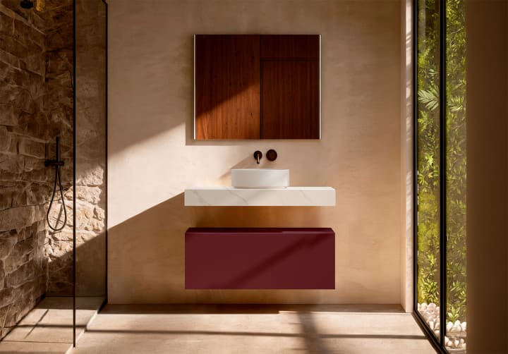 Mueble de baño con encimera HPL resina 10 cm acabado marmoleado Cala con cajonera Visobath Nomad Principal 11