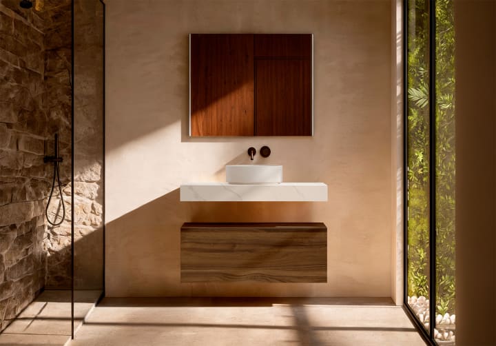 Mueble de baño con encimera HPL resina 10 cm acabado marmoleado Cala con cajonera Visobath Nomad Principal 2