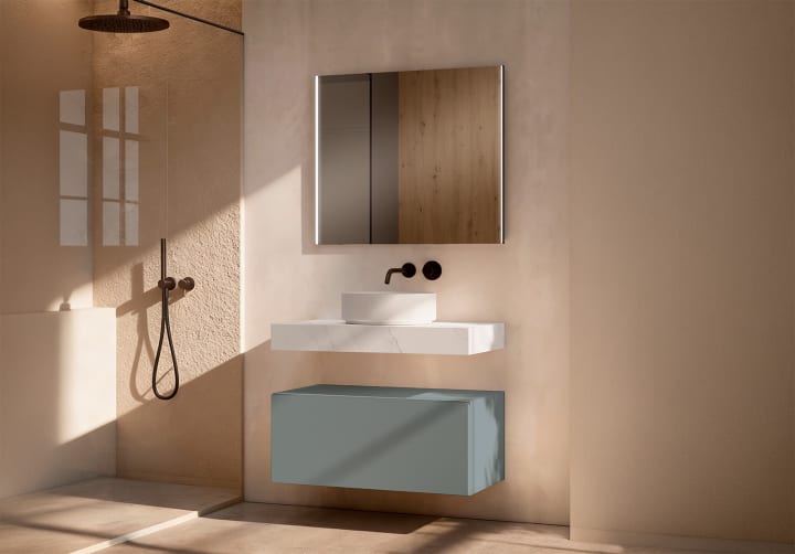 Mueble de baño con encimera HPL resina 10 cm acabado marmoleado Cala con cajonera Visobath Nomad Principal 7