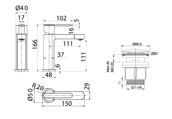 Pack Grifo de lavabo Imex Roma + Válvula click-clack Croquis 11
