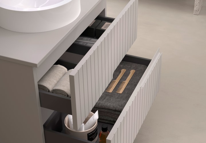 Mueble de baño con encimera piedra compactada del mismo color Bruntec Ebi colores Detalle 12