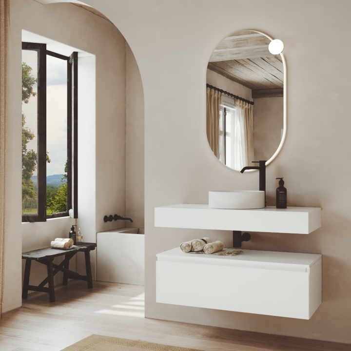 Conjunto mueble de baño MDF lacado con encimera de madera Bruntec Vilma Principal 1