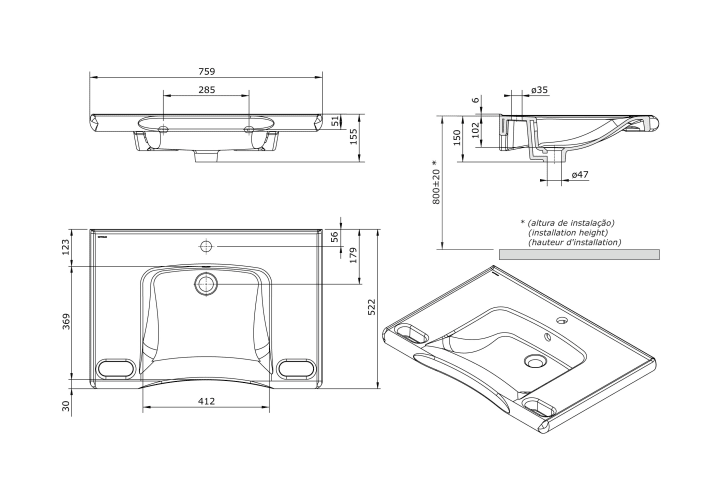 Lavabo suspendido Unisan New Wccare PMR Croquis 4