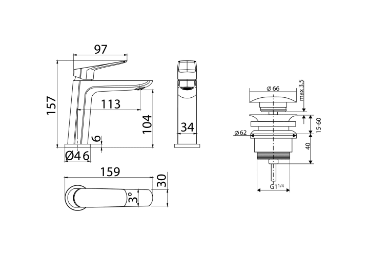 Pack Grifo de lavabo Imex Bélgica + Válvula click-clack Croquis 6
