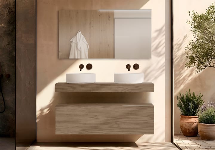 Mueble de baño con encimera de madera 10 cm de altura con cajonera Visobath Nomad monocolor Principal 2