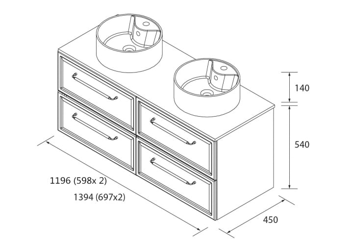 Conjunto mueble de baño Salgar Runa con lavabo sobre encimera Croquis 16