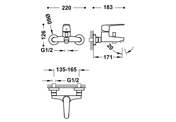Grifo de bañera empotrado de Tres Flat Croquis 1
