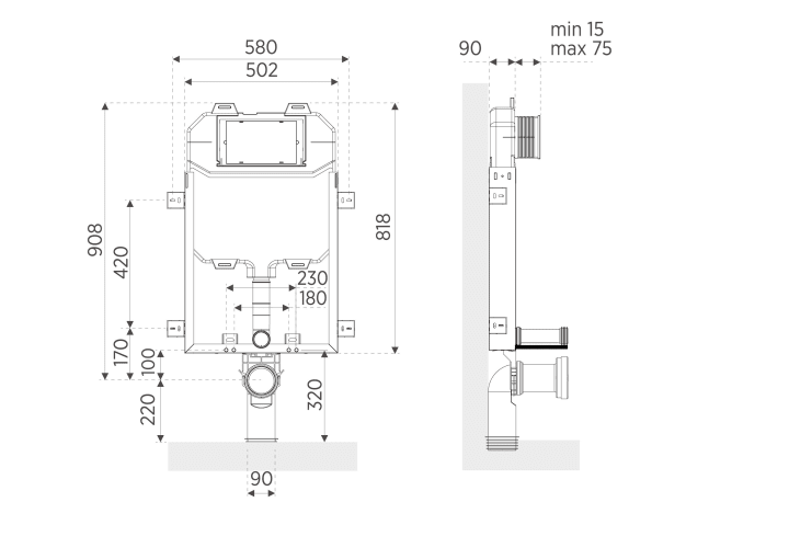 Pack inodoro + cisterna empotrada + pulsador Bruntec Roundy Croquis 7