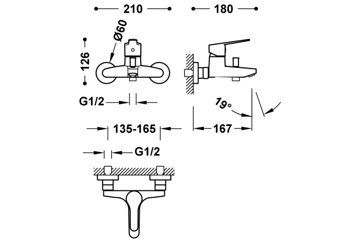 Grifo de ducha y bañera Tres Base Croquis 2
