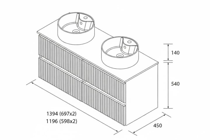 Conjunto mueble de baño Salgar Kira con lavabo sobre encimera Croquis 16