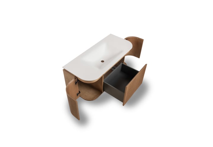 Conjunto de mueble de baño 100 cm de madera maciza de fresno con lavabo Solid Surface Bruntec Evo Curve Detalle 3