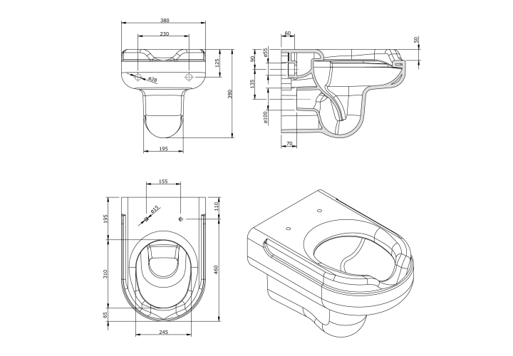 Inodoro suspendido PMR Unisan New Wccare Croquis 3