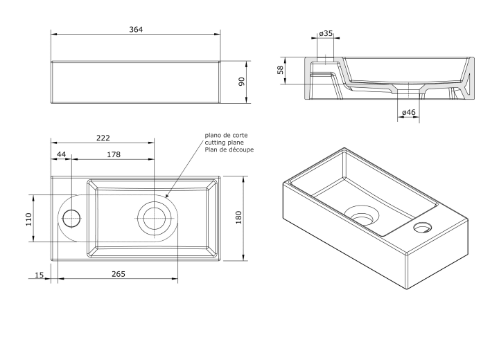 Lavabo sobre encimera de Unisan Sanindusa Note Croquis 2