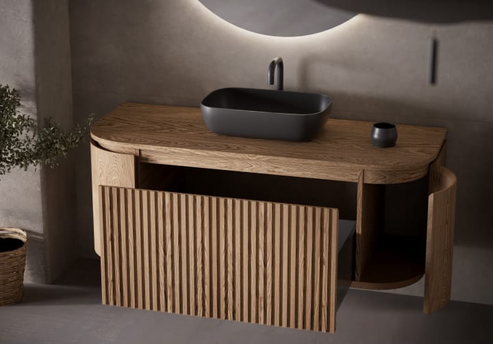 Mueble de baño 100 cm madera maciza de fresno con encimera de madera Bruntec Evo Curve 2 puertas lisas Detalle 5
