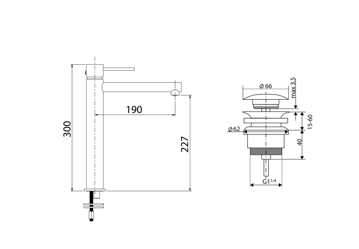 Pack Grifo de lavabo caño alto Imex Milos + Válvula click-clack Croquis 11