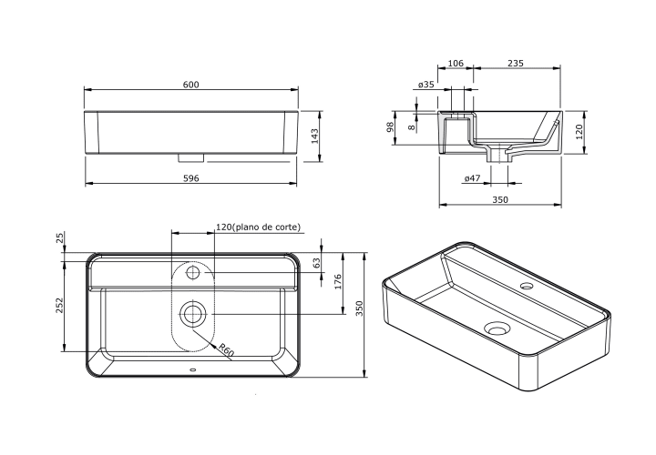 Lavabo sobre encimera Unisan Sanidusa Sanlife Croquis 2