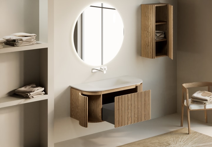 Conjunto mueble de baño madera varias medidas, maciza de fresno con lavabo Solid Suface Bruntec Neo Curve Detalle 4