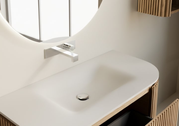 Conjunto mueble de baño madera varias medidas, maciza de fresno con lavabo Solid Suface Bruntec Neo Curve Detalle 5