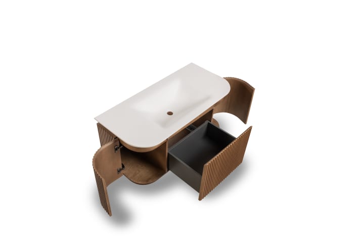 Conjunto mueble de baño madera varias medidas, maciza de fresno con lavabo Solid Suface Bruntec Neo Curve Detalle 3