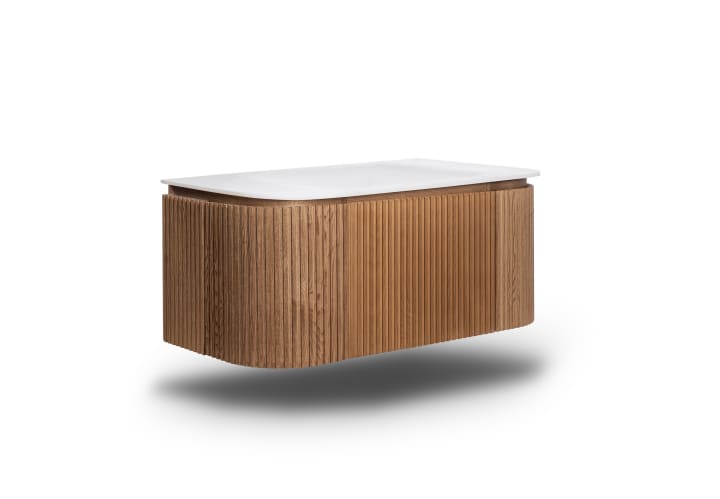 Conjunto mueble de baño madera varias medidas, maciza de fresno con lavabo Solid Suface Bruntec Neo Curve Detalle 1