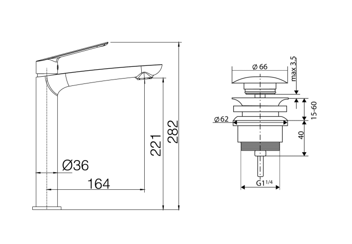 Pack Grifo de lavabo caño alto Imex Lúxor + Válvula click-clack Croquis 6
