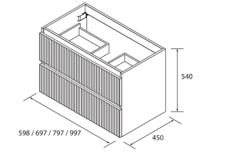 Conjunto mueble de baño Salgar Kira con lavabo sobre encimera Croquis 15