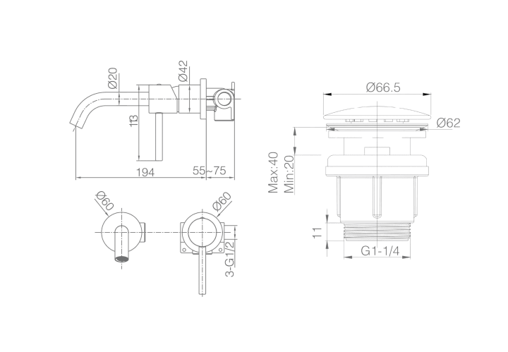 Pack grifo de lavabo empotrado Monza + Válvula click-clack + Sifón visto redondo de Imex Croquis 9