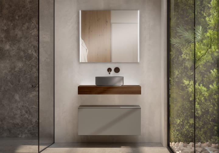 Mueble de baño con encimera de madera 10 cm de altura en color Valenti con cajonera Visobath Nomad Principal 7