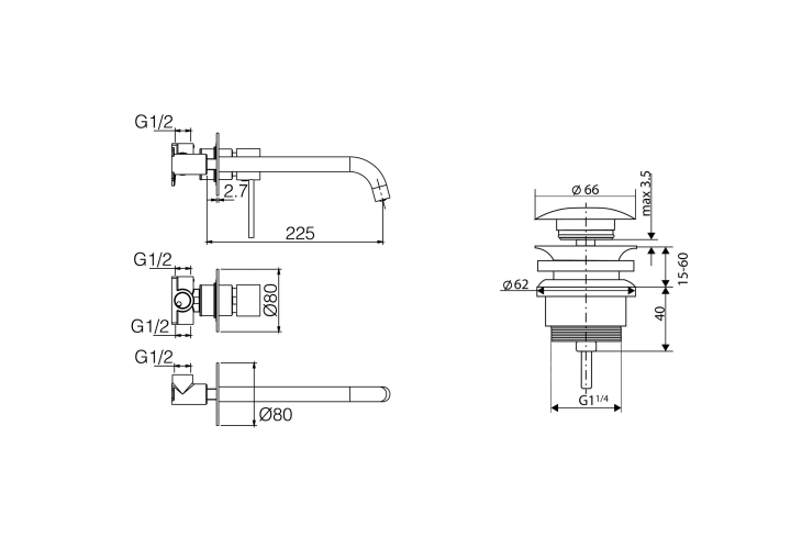 Pack grifo de lavabo empotrado Milos Imex + Válvula click-clack Croquis 11