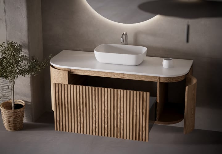 Mueble de baño madera varias medidas, maciza de fresno con encimera Solid Surface Bruntec Evo Curve Detalle 1