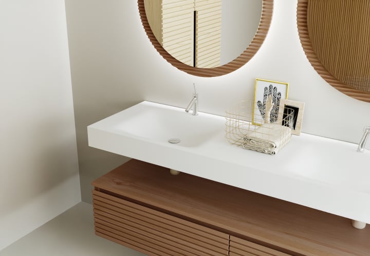 Conjunto de mueble de baño con doble lavabo solid surface y cajonera Bruntec Alpes 4 Detalle 3