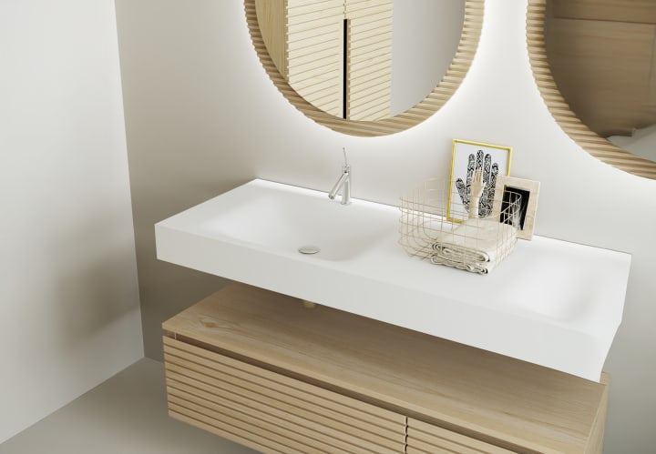 Conjunto de mueble de baño con doble lavabo solid surface y cajonera Bruntec Alpes 4 Detalle 2