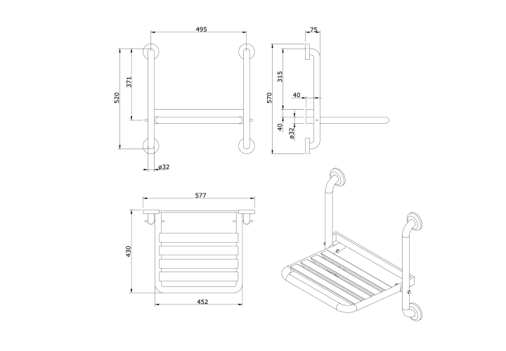 Asiento de ducha abatible de Unisa New Wccare PMR Croquis 2