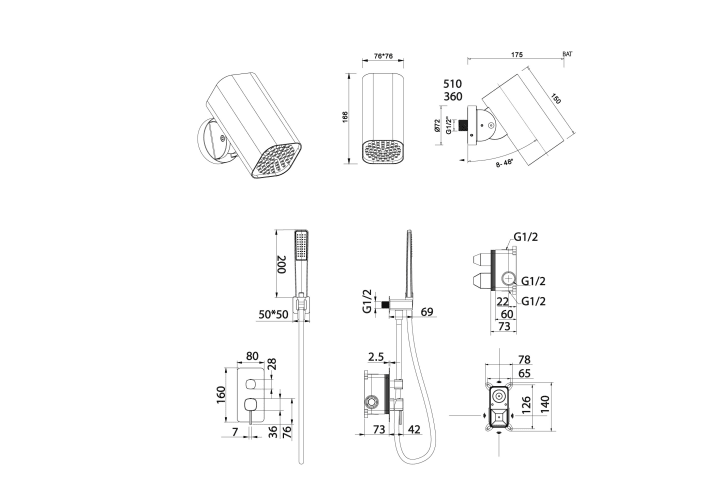 Conjunto de ducha empotrado con rociador movible Imex Toscana Croquis 10