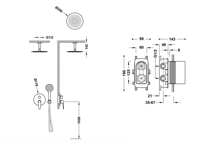 Conjunto de ducha empotrado Tres Flat Croquis 3