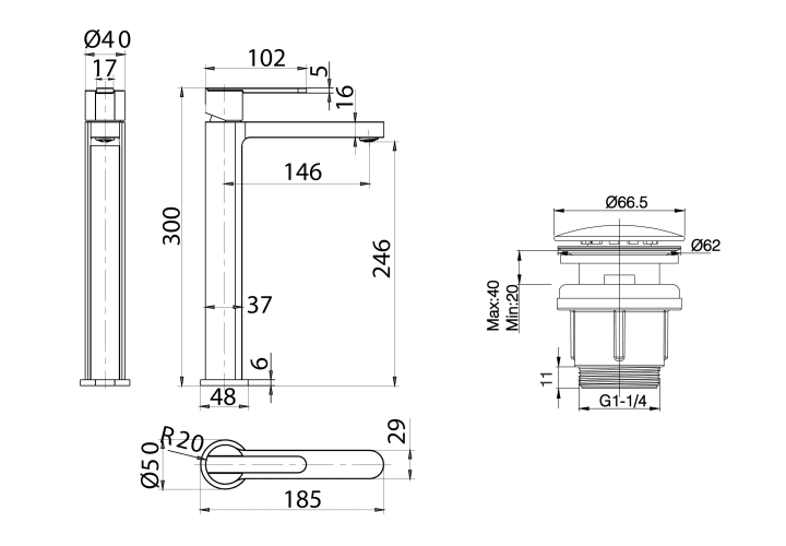 Pack Grifo de lavabo caño alto Imex Roma + Válvula click-clack Croquis 9